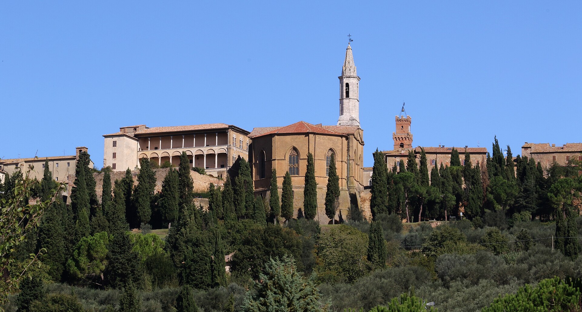Pienza vista dalla Val d'Orcia con la cattedrale e il campanile