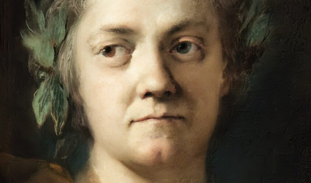 Autoritratto a pastello di Rosalba Carriera anziana con una corona di foglie d'alloro tra i capelli grigi