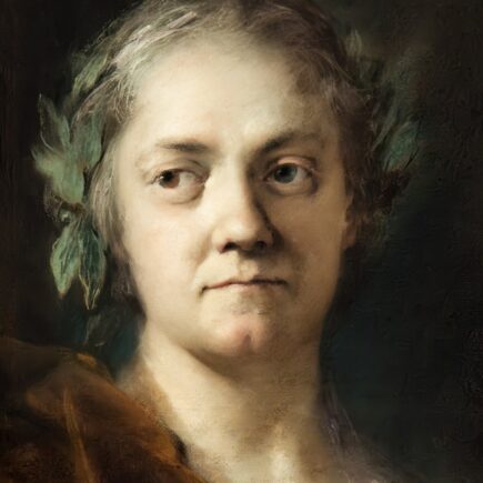 Autoritratto a pastello di Rosalba Carriera anziana con una corona di foglie d'alloro tra i capelli grigi