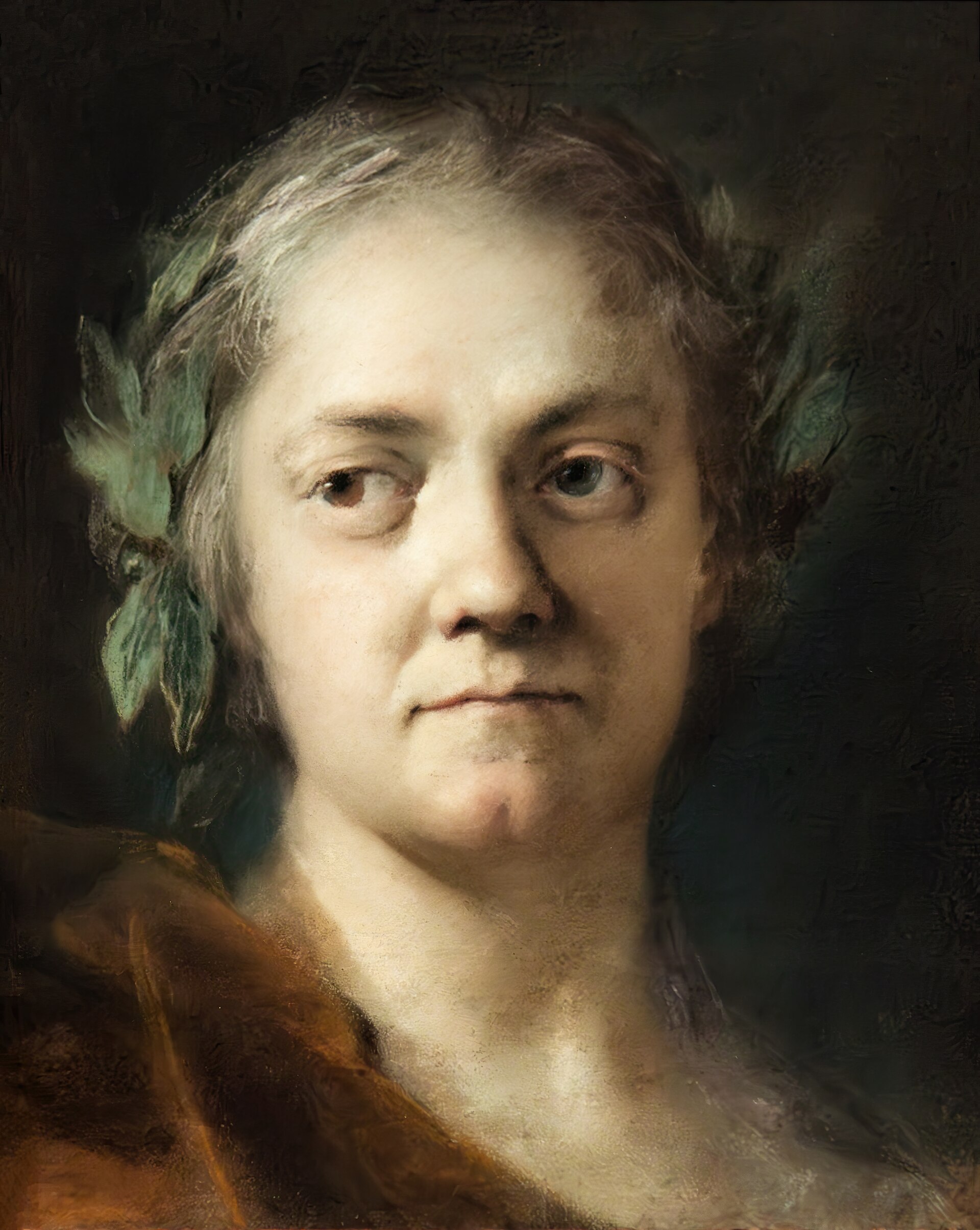 Autoritratto a pastello di Rosalba Carriera anziana con una corona di foglie d'alloro tra i capelli grigi