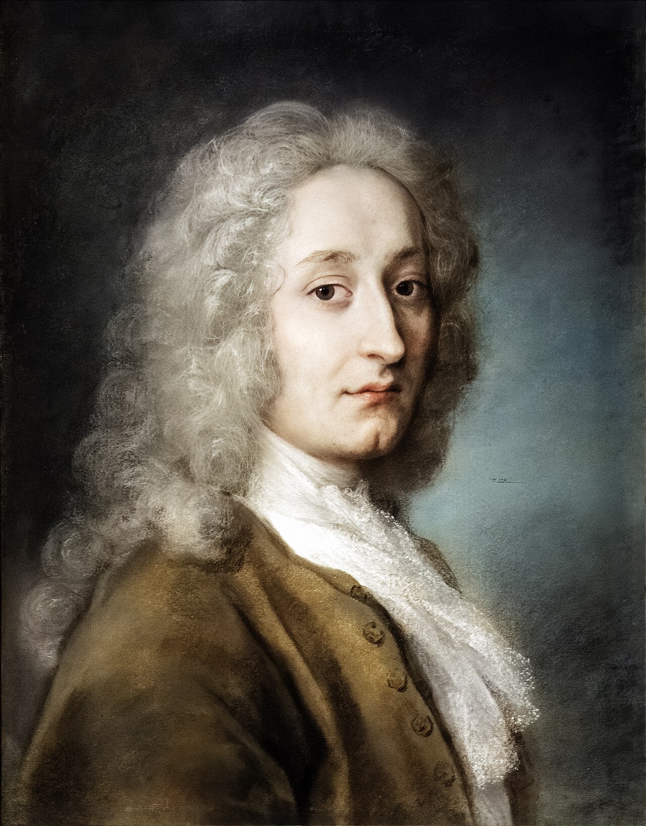 Ritratto a pastello del pittore Antoine Watteau con parrucca bianca e giacca bruna su fondo azzurro
